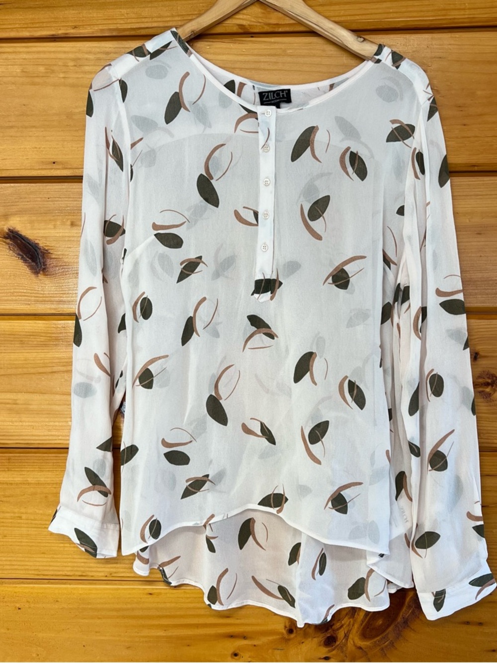 Fancy ZILCH Printed Flowy Button-Front Long Sleeve Blouse Imported L Button Up